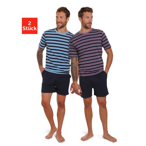 Pyjama AUTHENTIC LE JOGGER, Herren, Gr. 52/54 (L), blau (beere, navy, blau, navy), Jersey, Obermaterial: 100% Baumwolle, unifarben, gestreift, Basic, bequem kurz, Rundhals, Kurzarm abgesteppte Kante, Homewear-Sets, Schlafanzug mit gestreiften Oberteilen