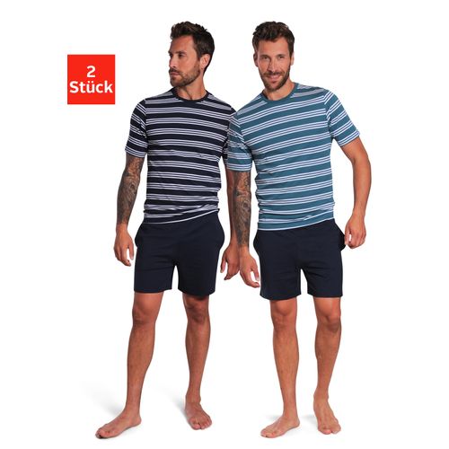 Pyjama AUTHENTIC LE JOGGER, Herren, Gr. 56/58 (XL), blau (navy, petrol), Jersey, Obermaterial: 100% Baumwolle, unifarben, gestreift, Basic, bequem kurz, Rundhals, Kurzarm abgesteppte Kante, Homewear-Sets, Schlafanzug mit gestreiften Oberteilen