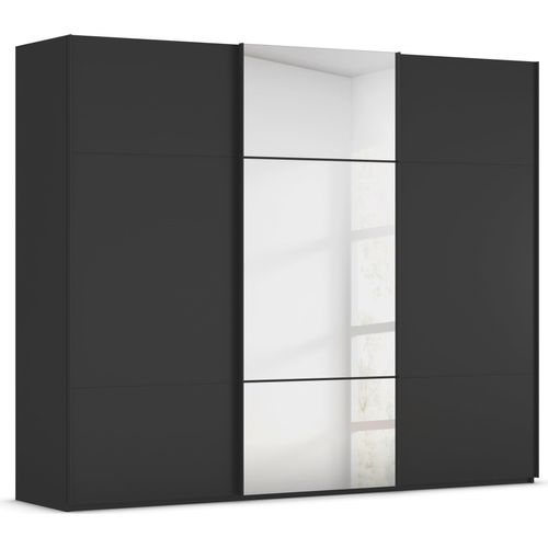 Schwebetürenschrank RAUCH "Kleiderschrank Schrank Garderobe Schlafzimmerschrank SCALE-TRIO", schwarz-weiß (schwarz, griffleisten schwarz), B:271cm H:223cm T:68cm, Holzwerkstoff, Schränke, Schwebetürenschrank, edle dreigeteilte Front mit 2 Zierleisten und Spiegel MADE IN GERMANY