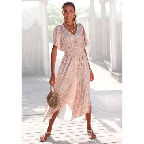 Maxikleid LASCANA, Damen, Gr. 34, N-Gr, beige (sand, beige bedruckt), Satin, Obermaterial: 100% Polyester, bedruckt, animal-print, modisch, figurumspielend knöchellang, tiefer V-Ausschnitt, Kurzarm Fledermausärmel, Kleider, mit Animalprint, luftiges Sommerkleid mit Schlitzen, Topseller