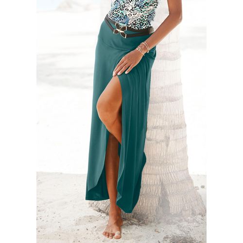 Maxirock LASCANA, Damen, Gr. 46, blau (petrol), Jersey, Obermaterial: 100% Viskose, unifarben, casual, figurumspielend bodenlang, Röcke, mit elastischem Bund aus Viskosejersey, Wickeloptik mit Schlitz