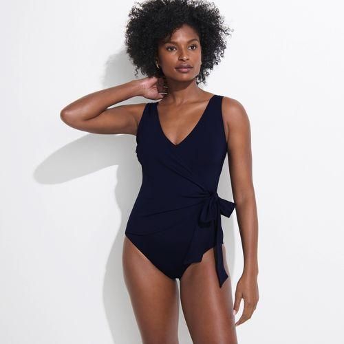 Badeanzug mit seitlichem Bindeband, hohes Bein, Damen,  Blau, Nylon-Mischung, by Lands' End