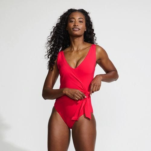 Badeanzug mit seitlichem Bindeband, hohes Bein, Damen,  Pink, Nylon-Mischung, by Lands' End
