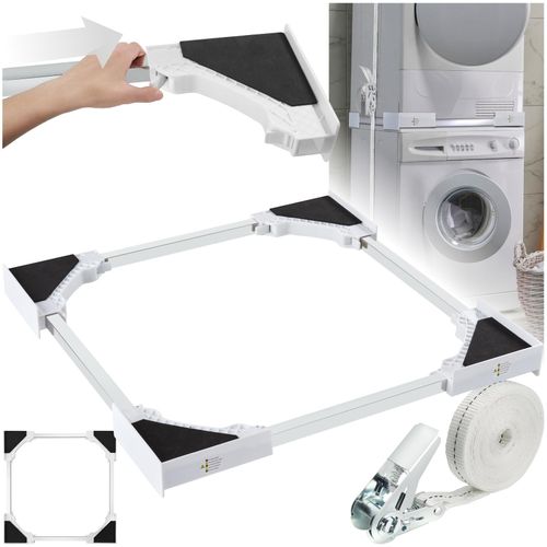 tectake® Verbindungsrahmen, für Waschmaschinen und Wäschetrockner, langlebiger Kunststoff und rostfreier Edelstahl, 46 - 66 x 46 - 66 x 7 cm, inklusive Ratschenseil