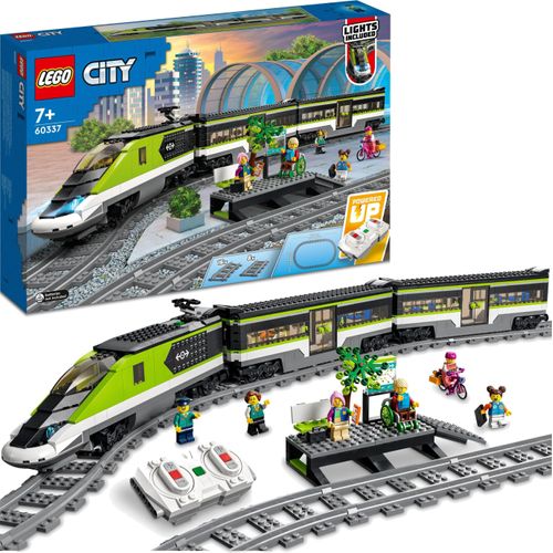 LEGO 60337 City Personen-Schnellzug, Set mit ferngesteuertem Zug, Eisenbahn-Spielzeug mit Scheinwerfern, 2 Wagen und 24 Schienen-Elementen, Geschenk für Kinder, Jungen und Mädchen