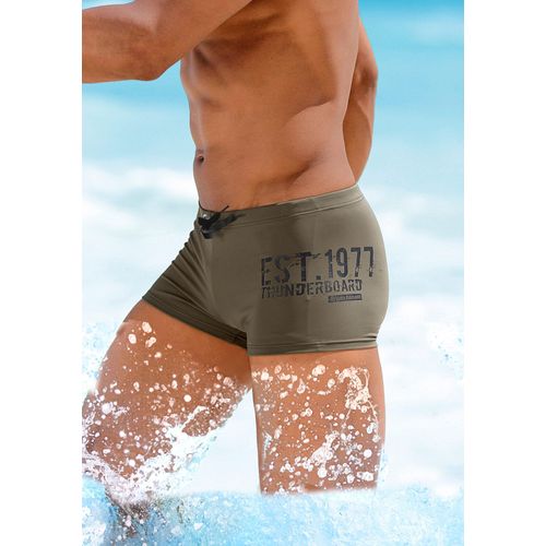 Boxer-Badehose BRUNO BANANI, Herren, Gr. 9, N-Gr, grün (oliv), Polyamid, unifarben, Badehosen, mit seitlichem Print