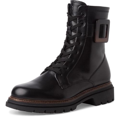 Schnürboots TAMARIS, Damen, Gr. 37, schwarz, Glattleder, unifarben, klassisch, Schuhe, Blockabsatz, Schnürstiefelette mit auffälliger Zierschnalle
