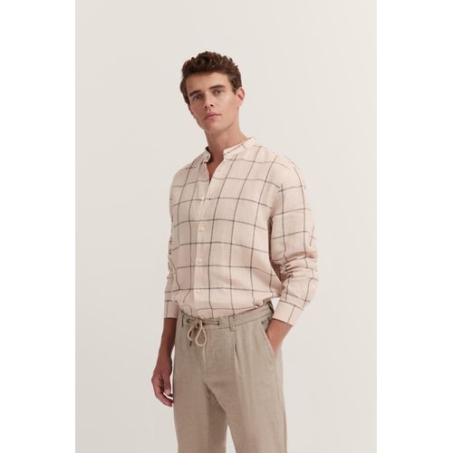 Langarmhemd BUGATTI, Herren, Gr. XXL, Normalgrößen, 30, beige, 100% Leinen, gestreift, casual, regular fit, Langarm eckige 2-Knopf-Manschette, Hemden, mit Karo-Muster