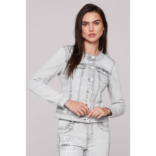 Jeansjacke SOCCX, Damen, Gr. XL, light grau printed, Material: 72% Baumwolle, 27% Polyester, 1% Elasthan, unifarben, casual, tailliert kurz, Langarm eingesetzt 1-Knopf-Manschette, Jacken, mit Brusttaschen