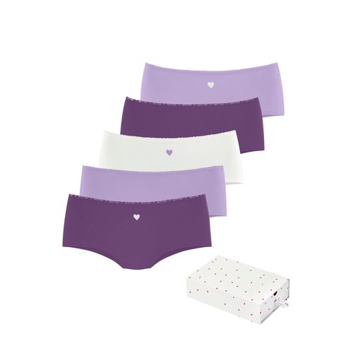 Panty LASCANA, Damen, Gr. 48/50, lila (lila, flieder, creme), Single Jersey, Obermaterial: 95% Baumwolle, 5% Elasthan. Spitze: 90% Polyamid, 10% Elasthan, bedruckt, gemustert, unifarben mit Farbeinsätzen, körpernah, Unterhosen, mit süßen Herzchen-Prints und aus elastischer Baumwoll-Qualität
