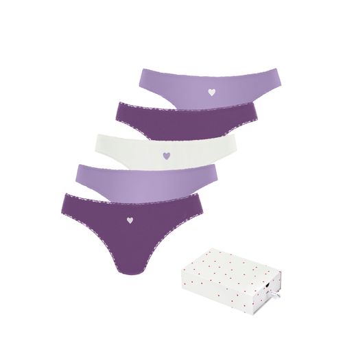String LASCANA, Damen, Gr. 40/42, lila (lila, flieder, creme), Single Jersey, Obermaterial: 95% Baumwolle, 5% Elasthan. Spitze: 90% Polyamid, 10% Elasthan, bedruckt, gemustert, unifarben mit Farbeinsätzen, körpernah, Unterhosen, mit süßen Herzchen-Prints und aus elastischer Baumwoll-Qualität