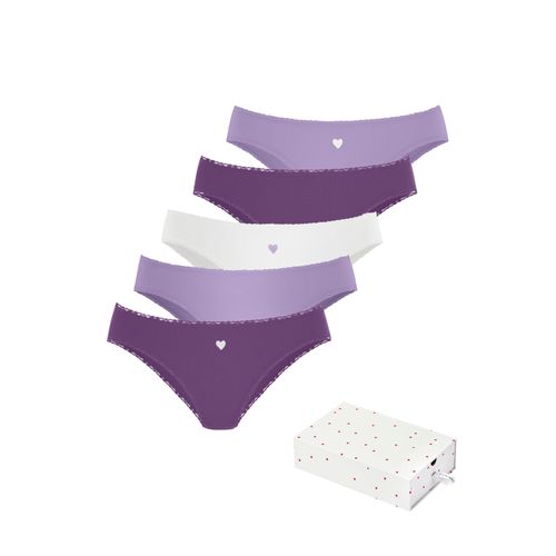 Jazz-Pants Slips LASCANA, Damen, Gr. 36/38, lila (lila, flieder, creme), Single Jersey, Obermaterial: 95% Baumwolle, 5% Elasthan. Spitze: 90% Polyamid, 10% Elasthan, bedruckt, gemustert, unifarben mit Farbeinsätzen, körpernah, Unterhosen, mit süßen Herzchen-Prints und aus elastischer Baumwoll-Qualität