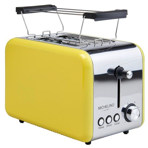 Toaster , Gelb , Metall, Kunststoff , 32x23x19 cm , Krümelschublade, Brötchenaufsatz, Auftaufunktion, Aufwärmfunktion, Cool-Touch-Gehäuse,