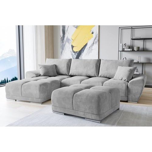 Set Velvet Ecksofa in L-Form 289 x 189 cm + Polsterhocker, Sofa mit Schlaffunktion, Fußhocker, Schlafsofa mit Bettkasten, Sitzpouf Farbe: Hellgrau