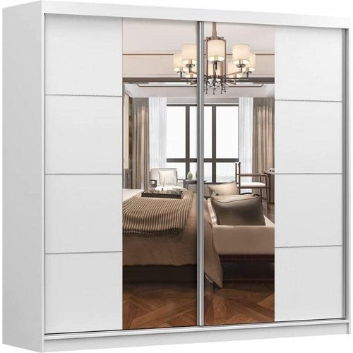 Kleiderschrank M38 mit Spiegel 233 cm, Schwebetürenschrank, Garderobeschrank Schlafzimmer; Wohnzimmerschrank; Korpus Schrank Farbe: Weiß; Farbe der Schrankfront: Weiß - 2 Schiebetüren