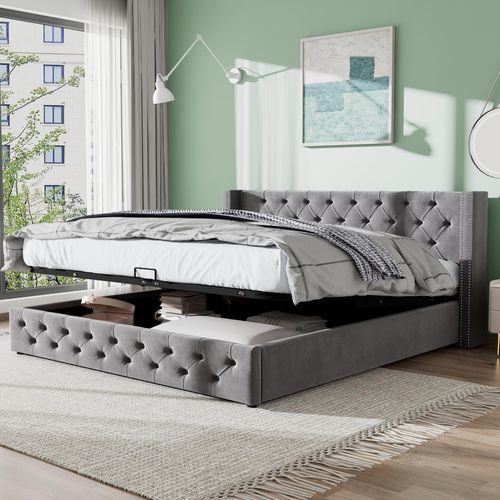 okwish Polsterbett 140x200 cm, Doppelbett, hydraulisches Funktionsbett, Antifouling, schwarzer Vliesstoff, ohrenförmiges zweireihiges Nietensamt-Teenagerbett (grau)