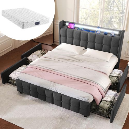 Doppelbett 140x200cm Polsterbett (Mit Matratze) Stauraumbett Grau Leinen Mit USB Ladefunktion und LED-Beleuchtung und 4 Schubladen