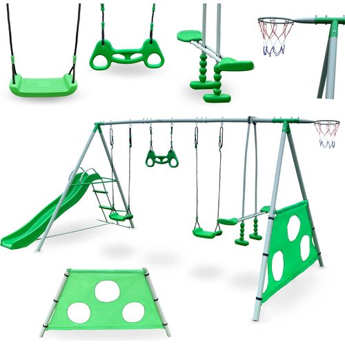 Großer Kinder-Spielplatz mit Schaukel, Rutsche und Basketballkorb, grün