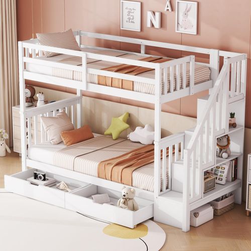 Etagenbett 90×200 cm, Treppengitter, mit zwei Schubladen, hohe Schienen, EN747-1 , Weiß