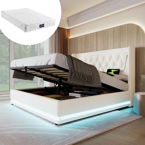 Polsterbett 160x200cm Doppelbett (Mit Matratze) Hydraulisches Stauraumbett Mit USB Typ-C Ladefunktion und 3-seitige LED-Funktion Weiß PU