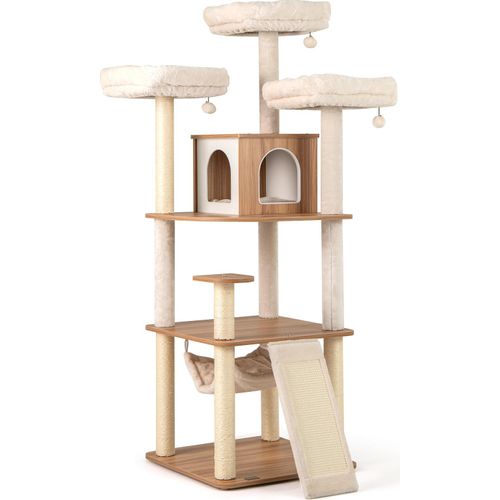 COSTWAY Kratzbaum 168cm, Katzenbaum Groß mehrstöckig, Katzenmöbel Kletterbaum mit Höhle, Leiter, Matten, Bällen & Hängematte, Beige Natur