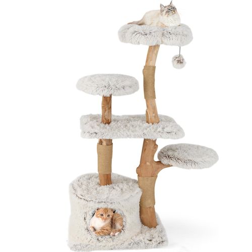 COSTWAY 135cm Kratzbaum, Katzenbaum mit Katzenhöhle, Plüschsitzfläche, Sitzplattform, Ball & Kratzpfosten, Katzenmöbel, Kletterbaum Massivholz