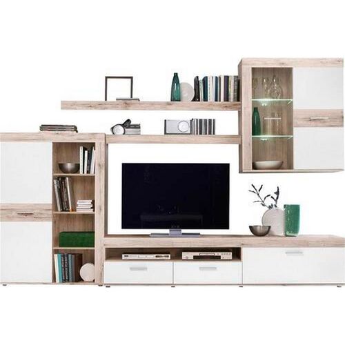 Carryhome Wohnwand , Weiß, Eiche , Kunststoff , 10 Fächer , 2 Schubladen , 300x200.9x41 cm , Wohnzimmer, Wohnwände, Anbauwände