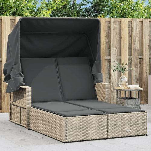 Gartenliegen - Doppel-Sonnenliege mit Dach und Auflagen Hellgrau Poly Rattan Möbel21