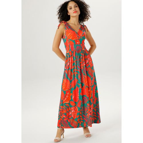 Sommerkleid ANISTON SELECTED, Damen, Gr. 44, N-Gr, bunt (grün, rot, orange), Single Jersey, Obermaterial: 95% Viskose, 5% Elasthan, bedruckt, feminin, figurumspielend lang, V-Ausschnitt, ohne Ärmel, Kleider, mit breiten Trägern zum Raffen