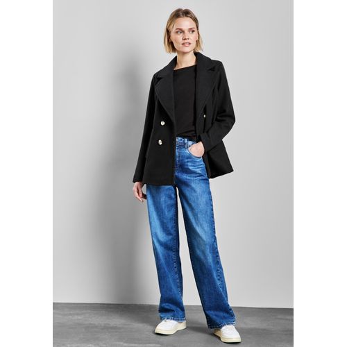 Trenchcoat STREET ONE, Damen, Gr. 40, schwarz, Stoff, Obermaterial: 90% Polyester, 10% Viskose; Futter: 100% Polyester, unifarben, casual, gerade Po-bedeckend, V-Ausschnitt, Langarm Bündchen, Mäntel, mit Reverskragen