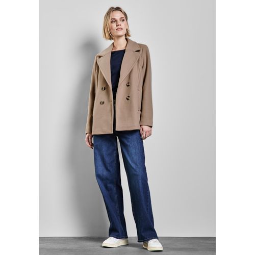 Trenchcoat STREET ONE, Damen, Gr. 38, beige (desert beige), Stoff, Obermaterial: 90% Polyester, 10% Viskose; Futter: 100% Polyester, unifarben, casual, gerade Po-bedeckend, V-Ausschnitt, Langarm Bündchen, Mäntel, mit Reverskragen