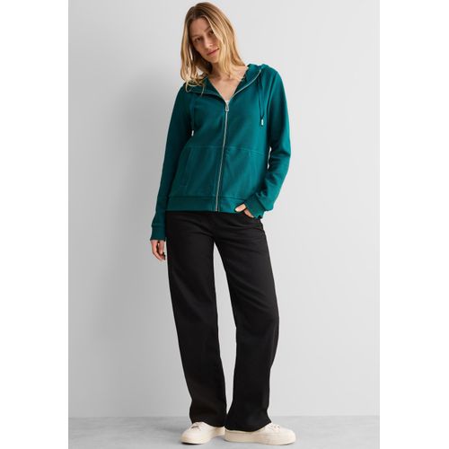 Sweatjacke CECIL, Damen, Gr. XL (44), blau (petrol grün), Web, 80% Baumwolle, 17% Polyester, 3% Elasthan, unifarben, casual, gerade normal, ohne Ausschnitt, Langarm Bündchen, Sweatjacken, mit Kapuze mit Tunnelzugband