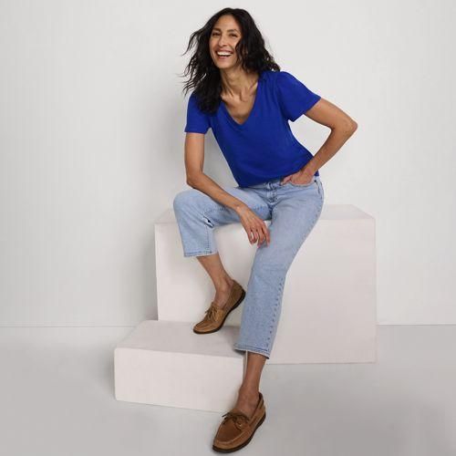 Shirt mit kurzen Flatterärmeln und V-Ausschnitt, Damen,  Blau, Baumwolle, by Lands' End
