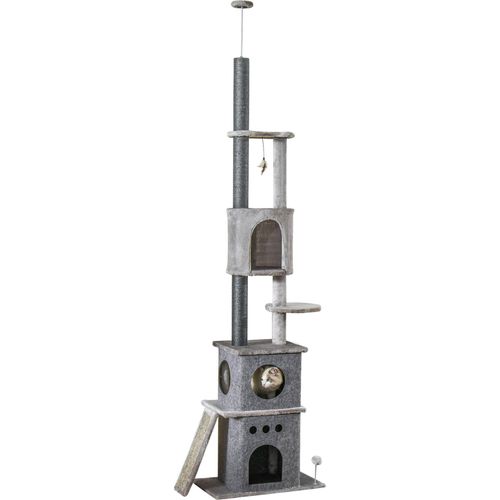 Kratzbaum Deckenhoch XXL 225-255H cm für kleine Katzen, höhenverstellbar mit Katzenspielzeug und Sisal, hellgrau