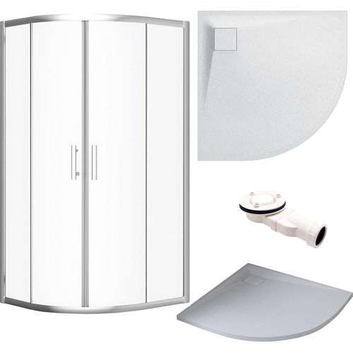 SET Duschkabine + Duschwanne 80x80 193 cm - Halbrund Transparent Gehärtet Nano Glas 6 mm Weiß Steinoptik SMC inkl. Siphon | BADLAND HELA VIDAR