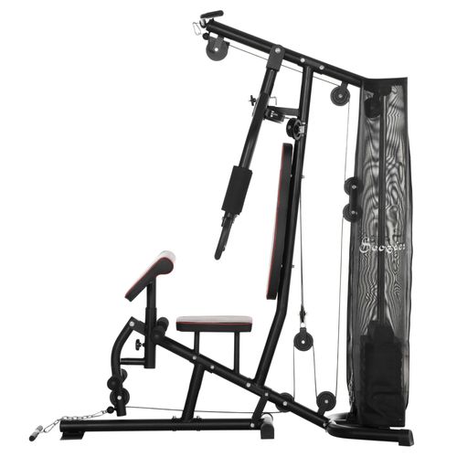 HOMCOM Kraftstation, Multifunktionale Fitnessstation mit Latzug- & Butterflystange, Hantelbank, Brustpresse, Curler, Fitnessgerät mit 45 kg