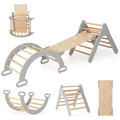 COSTWAY 4 in 1 Kletterdreieck mit Rutsche, Kletterbogen, inkl. doppelseitige Rampe, zum Klettern, Rutschen und Wippen Grau