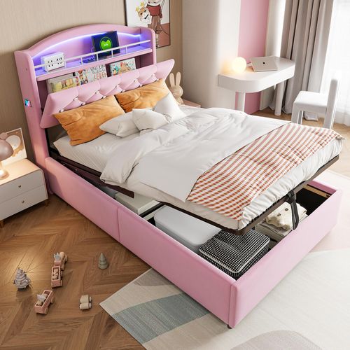 STILVORA Kinderbett 90x200cm Einzelbett Jugendbett mit farbwechselnden LED-Lichtstreifen,Stauraumbett mit Bettkasten,Rosa(mit Matratze)