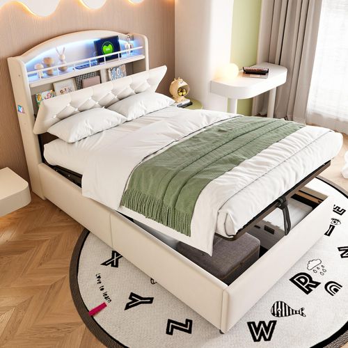STILVORA Kinderbett 90x200cm Einzelbett Jugendbett mit farbwechselnden LED-Lichtstreifen,Stauraumbett mit Bettkasten,Beige(mit Matratze)