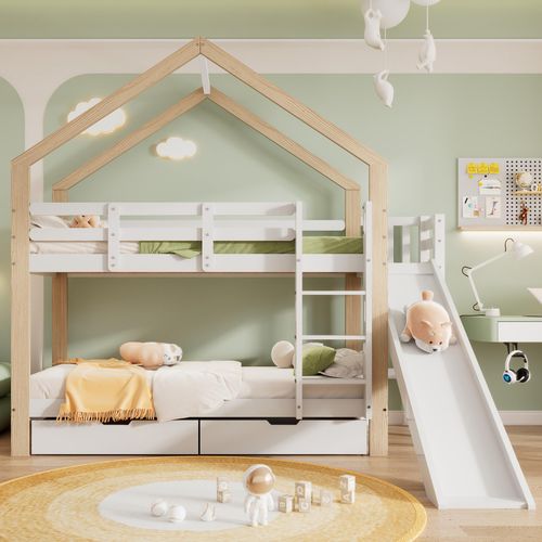 Flieks Etagenbett mit Rausfallschutz, Kinderbett mit Rutsche und Leiter, Hochbett mit 2 Schubladen, Hausbett Massivholzbett Stockbett 90x200cm, Weiß