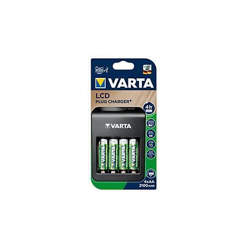 Batterieladegerät Varta LCD Plug Charger, für 4 x Mignon AA/Micro AAA/9 V NiMH-Akkus & 1 x USB, LCD-Anzeige, inkl. 4 Akkus
