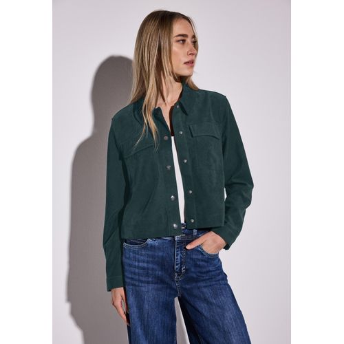 Kurzjacke STREET ONE, Damen, Gr. 44, grün (hunter grün), Stoff, 97% Polyester, 3% Elasthan, unifarben, casual, comfort fit kurz, V-Ausschnitt, Langarm Bündchen, Jacken, mit Brusttaschen