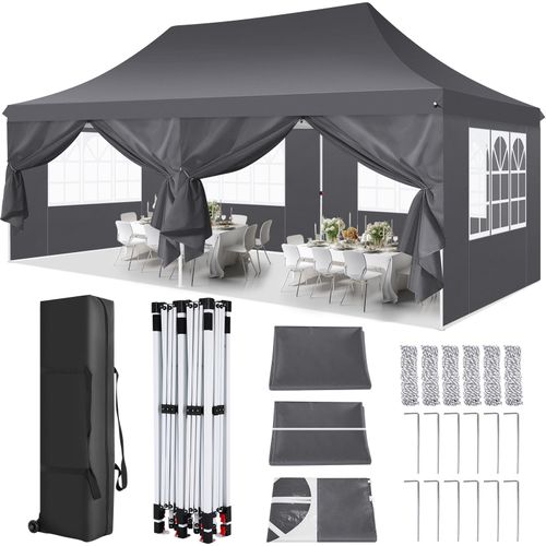 Pavillons & Partyzelte 3x6m, Festzelt Faltpavillon Gartenzelt für Garten Terrasse Feier Party, Wasserdicht & UV-Schutz mit 4 Seitenteilen und 2 Eingängen, 12 Heringe & 4 Seile & 1 Tragetasche, Schwarz