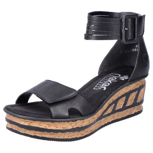 Sandalette RIEKER, Damen, Gr. 41, schwarz, Lederimitat, Elegant, Schuhe Schaftsandale Sandalette, Sommerschuh, Sandale, Keilabsatz, mit Laufsohle in Kork-Optik
