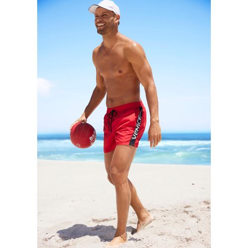 Badeshorts VENICE BEACH, Herren, Gr. S (46/48), N-Gr, rot, Recycling-Polyester, Microfaser, unifarben mit Farbeinsatz, Badehosen, mit großem Markenschriftzug