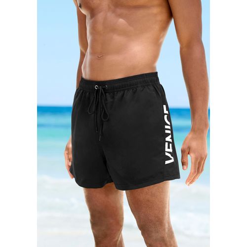 Badeshorts VENICE BEACH, Herren, Gr. M (50), N-Gr, schwarz, Recycling-Polyester, Microfaser, unifarben mit Farbeinsatz, Badehosen, mit großem Markenschriftzug