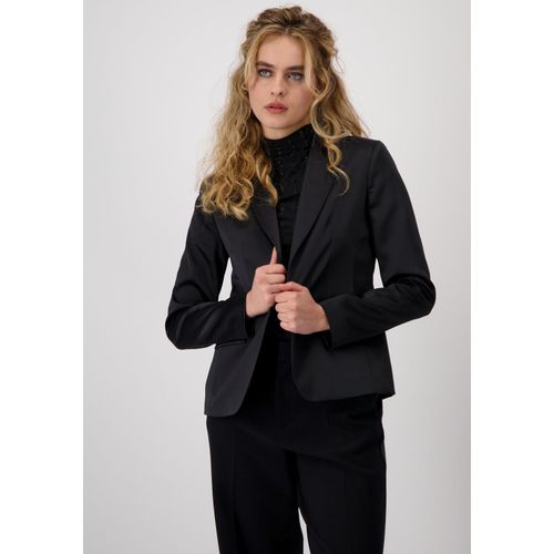 Kurzblazer MONARI, Damen, Gr. 38, schwarz, Jersey, Obermaterial: 97% Polyester, 3% Elasthan. Futter: 100% Polyester, unifarben, leicht glänzend, clean, modisch, regular fit hüftlang, Langarm abgerundeter Saum, Blazer, mit aufgesetzten Pattentaschen