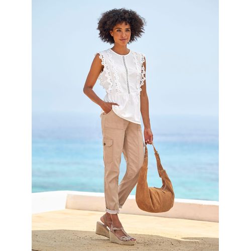 Blusentop HEINE, Damen, Gr. 44, beige (ecru), 100% Baumwolle, unifarben, Rundhals, ohne Ärmel, Blusen