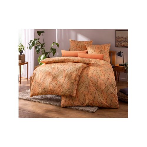 Bettwäsche WÄSCHEPUR Gr. 3, bunt (apricot, rotbraun, bedruckt), B/L: 155cm x 220cm, , Feinbiber, B/L: 80cm x 80cm, Feinbiber, 100% Baumwolle, Bettwäsche