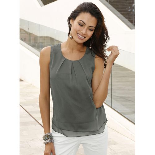 Blusentop INSPIRATIONEN, Damen, Gr. 44, grün (khaki), 100% Polyester, unifarben, Rundhals, ohne Ärmel, Blusen